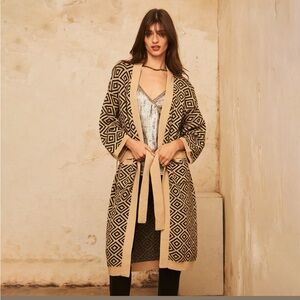 NKN Nekane Naila Tan Black Diamond Geo Long Open Front Belted Cardigan Small/Med